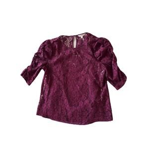 Nanette Lace Floral Top Large Wine Gypsy Rose Puff Sleeve Keyhole Blouse NWT